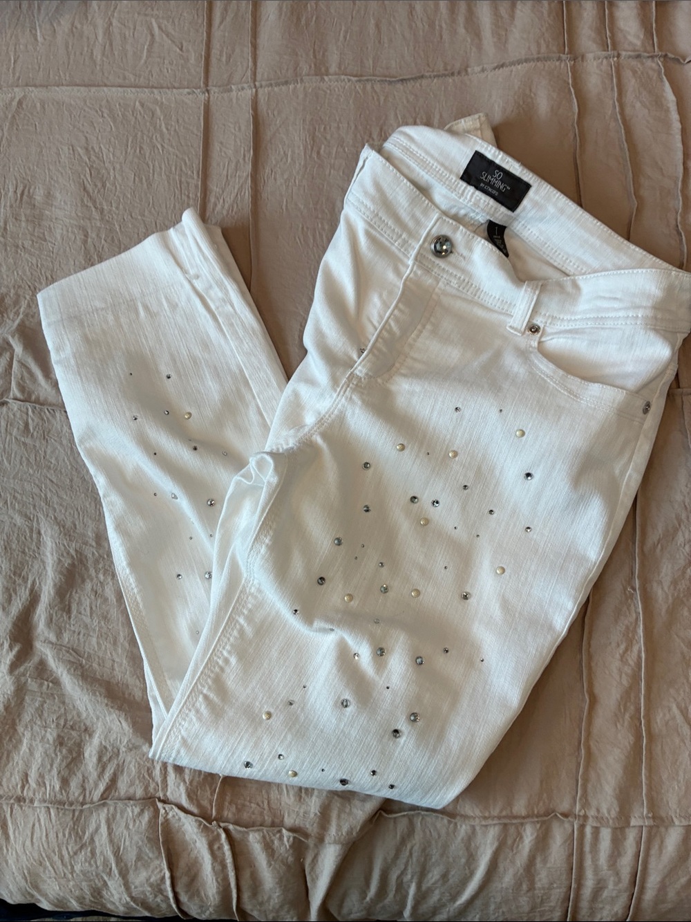 Chico's White Skinny Jeans with Crystal and Pearl Accents